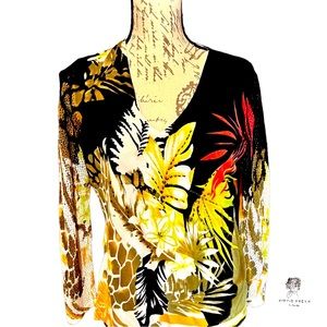 NYGARD COLLECTION BEADED FLORAL V-NECK STRETCH TOP